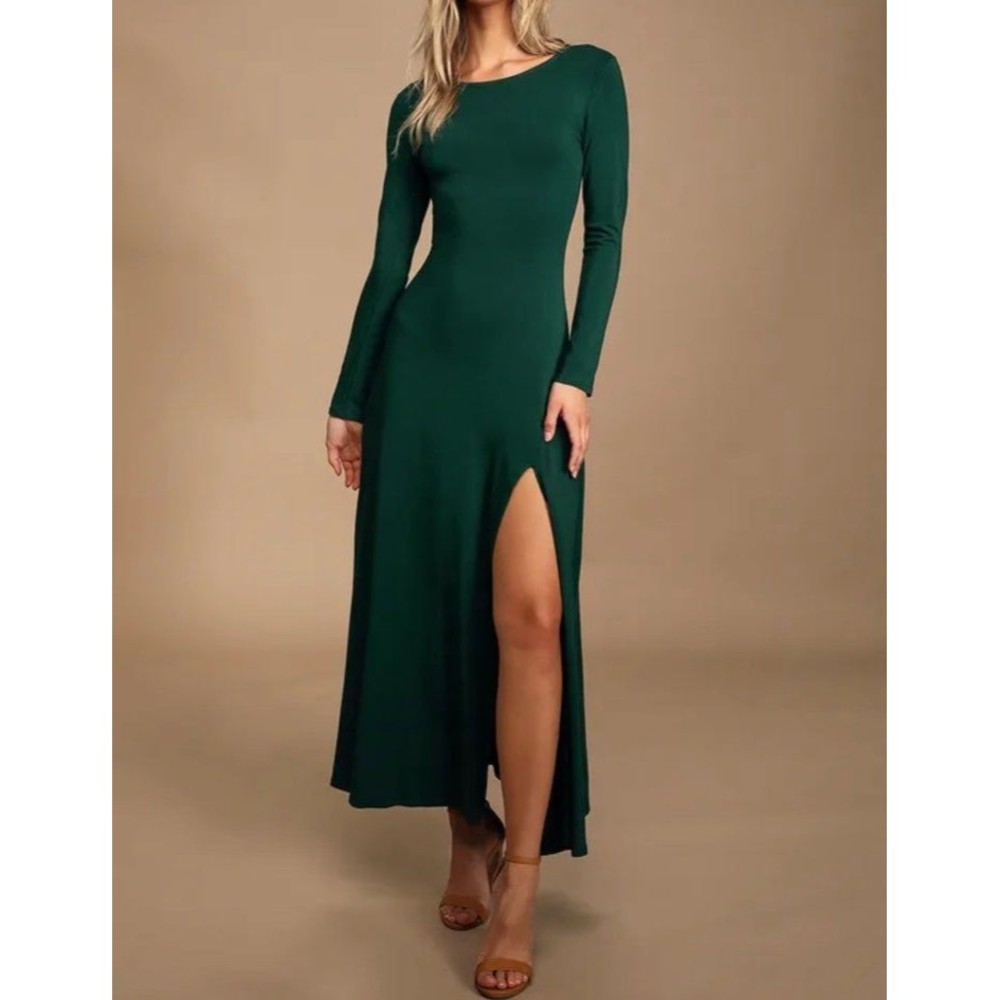 Lulus Emerald Green long sleeve Maxi Dress with leg slit